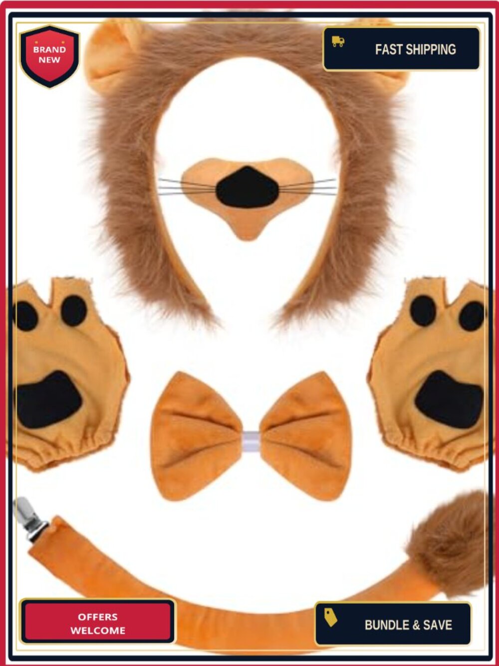 6 Pc Lion Costume Set Plush Animal Cosplay Accessory Kit